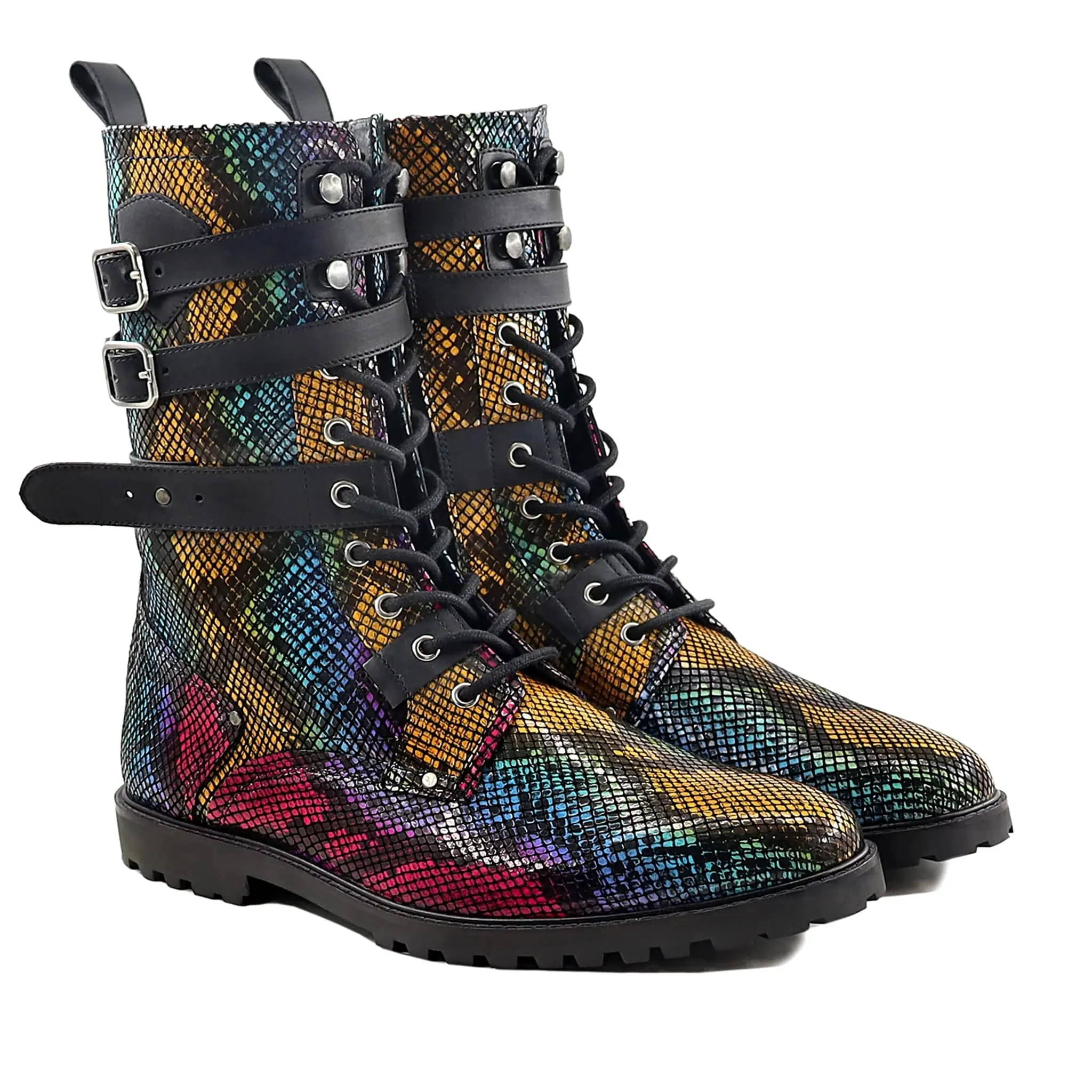 Handmade Customizable Sanke Pattern Multicolour Leather Boots
