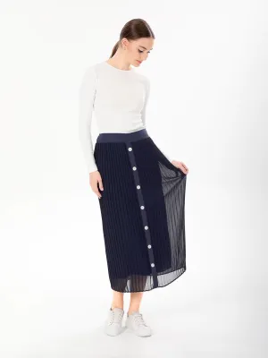Navy Decorative Button Midi Skirt
