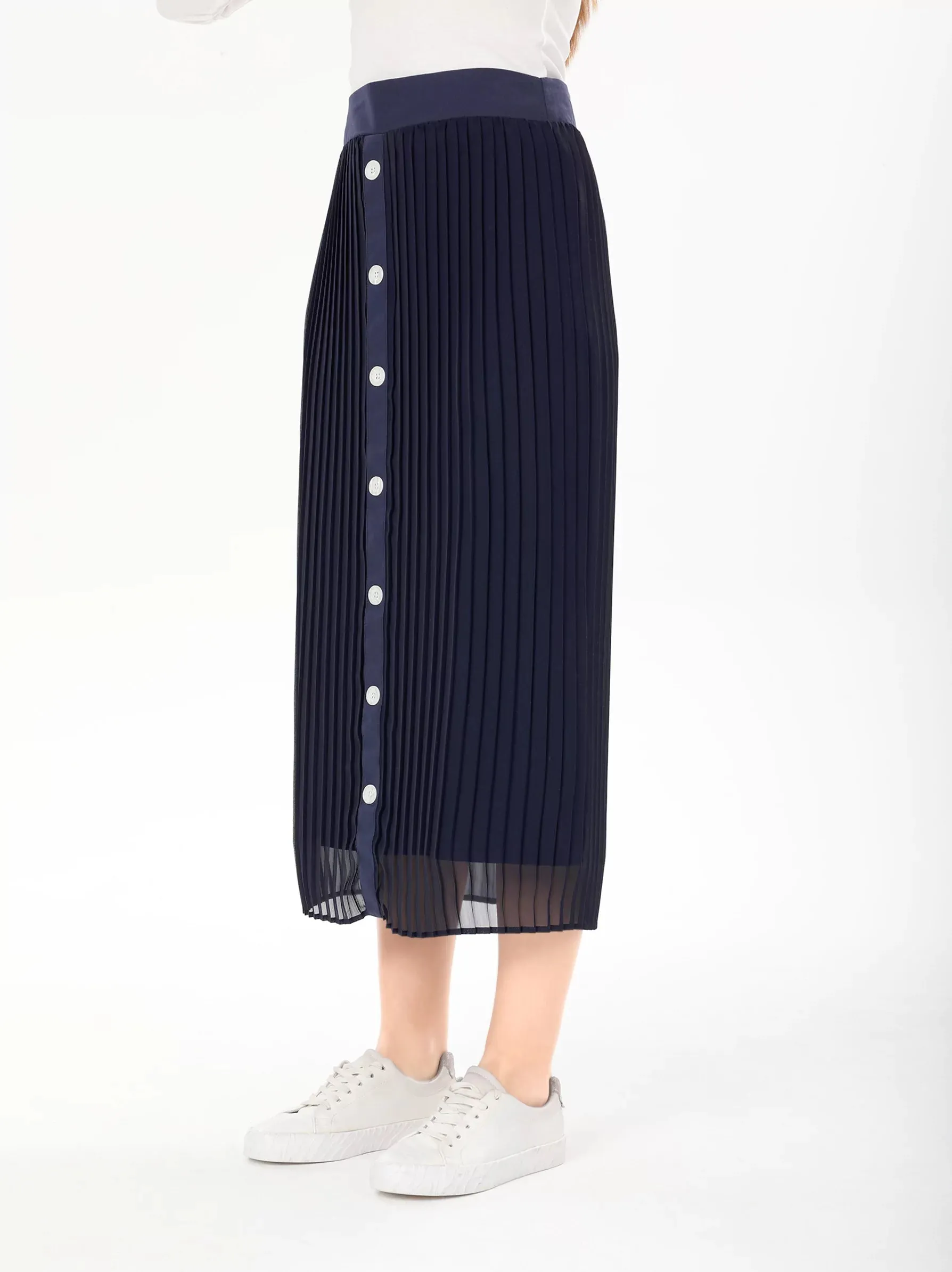 Navy Decorative Button Midi Skirt