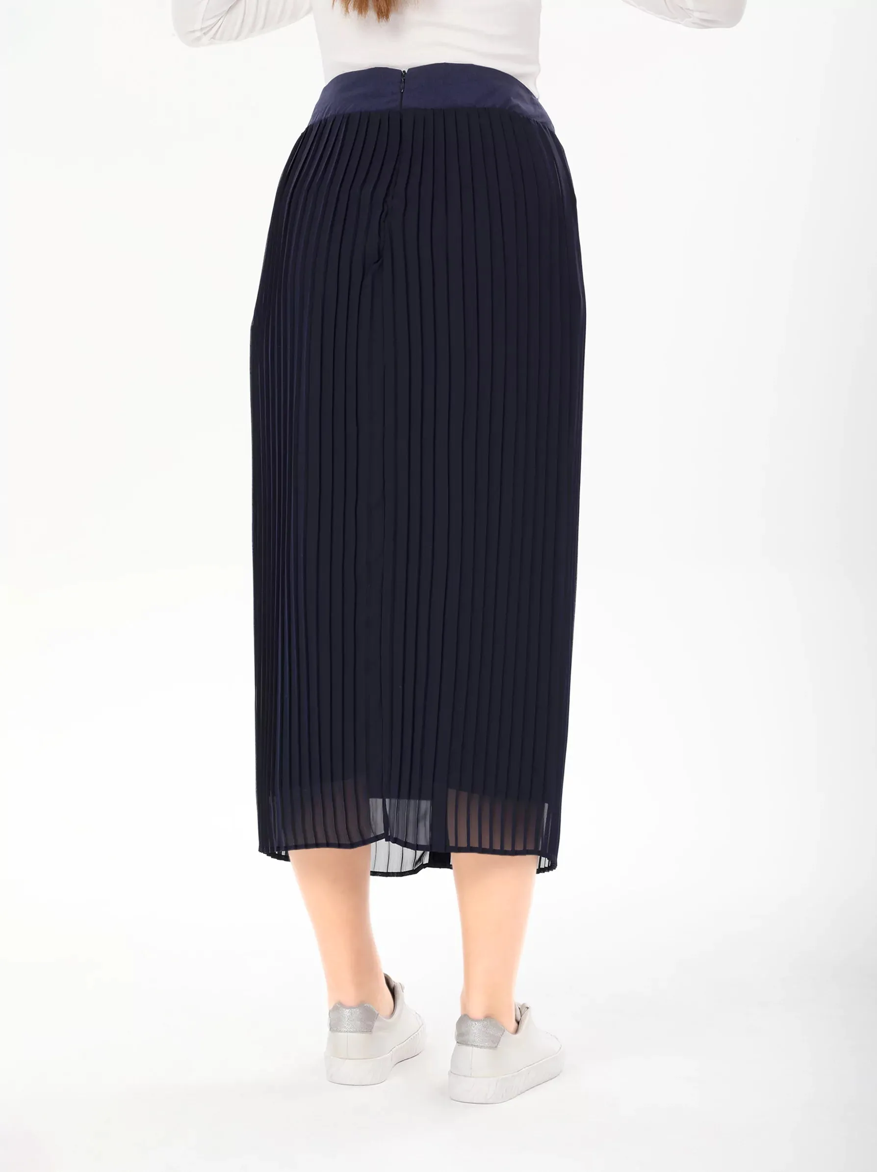 Navy Decorative Button Midi Skirt