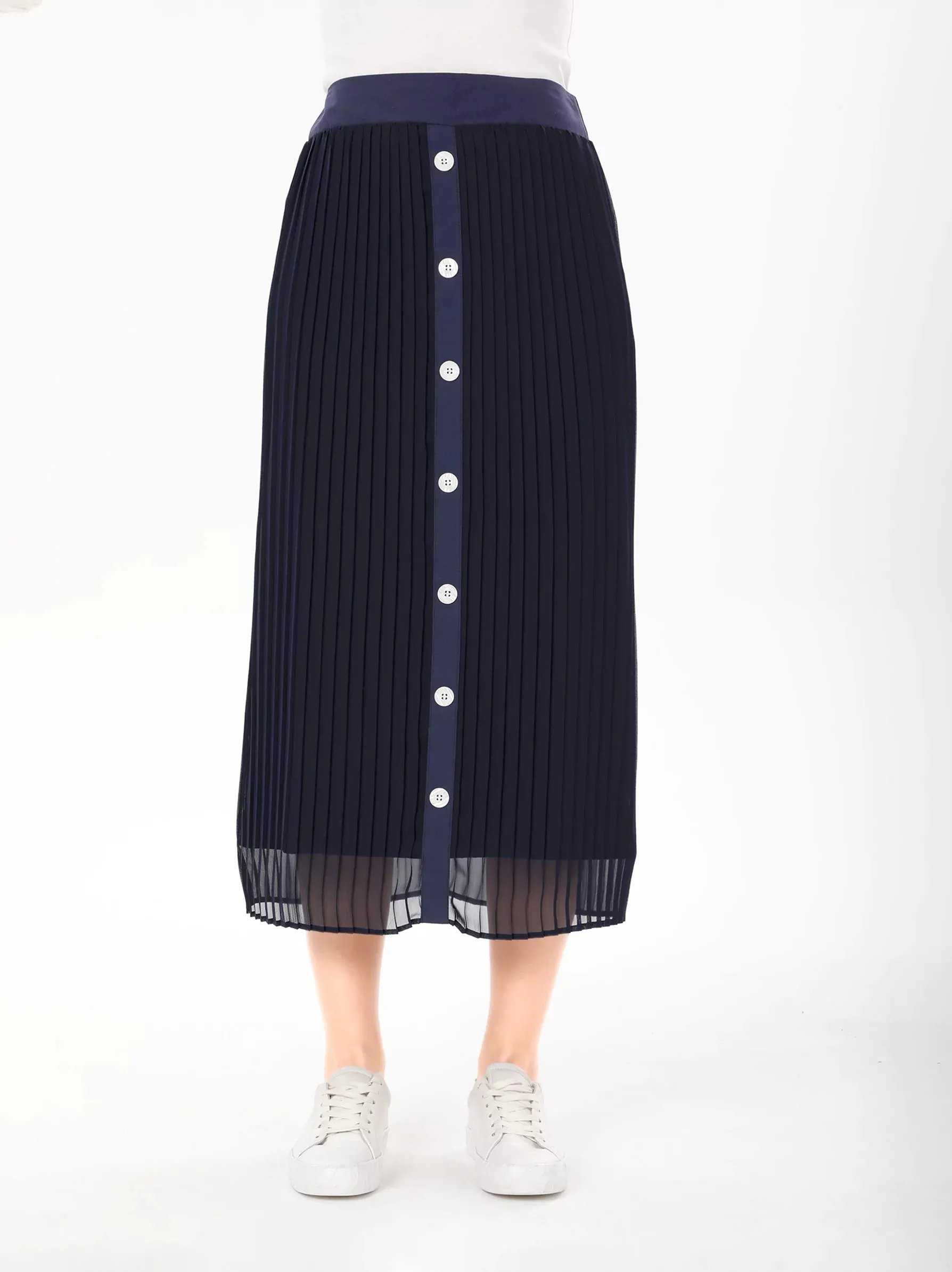 Navy Decorative Button Midi Skirt