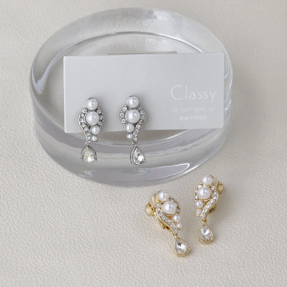 Pearl and Rhinestone Pear Drop Clip Ons