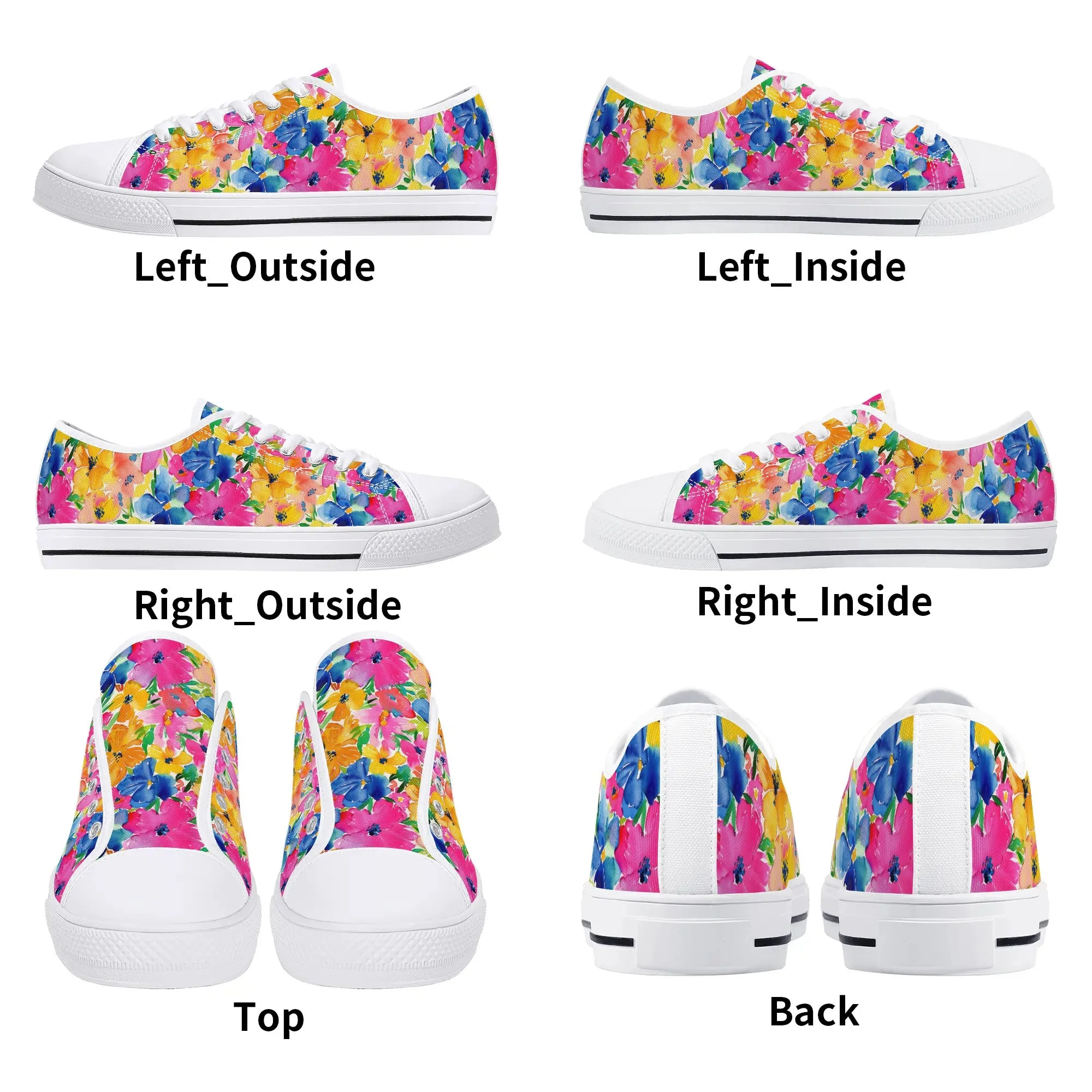 Springtime Kaleidoscope: Multi-color Watercolor Blossoms in Bloom Womens Low Top Canvas Sneakers US5.5 - US12