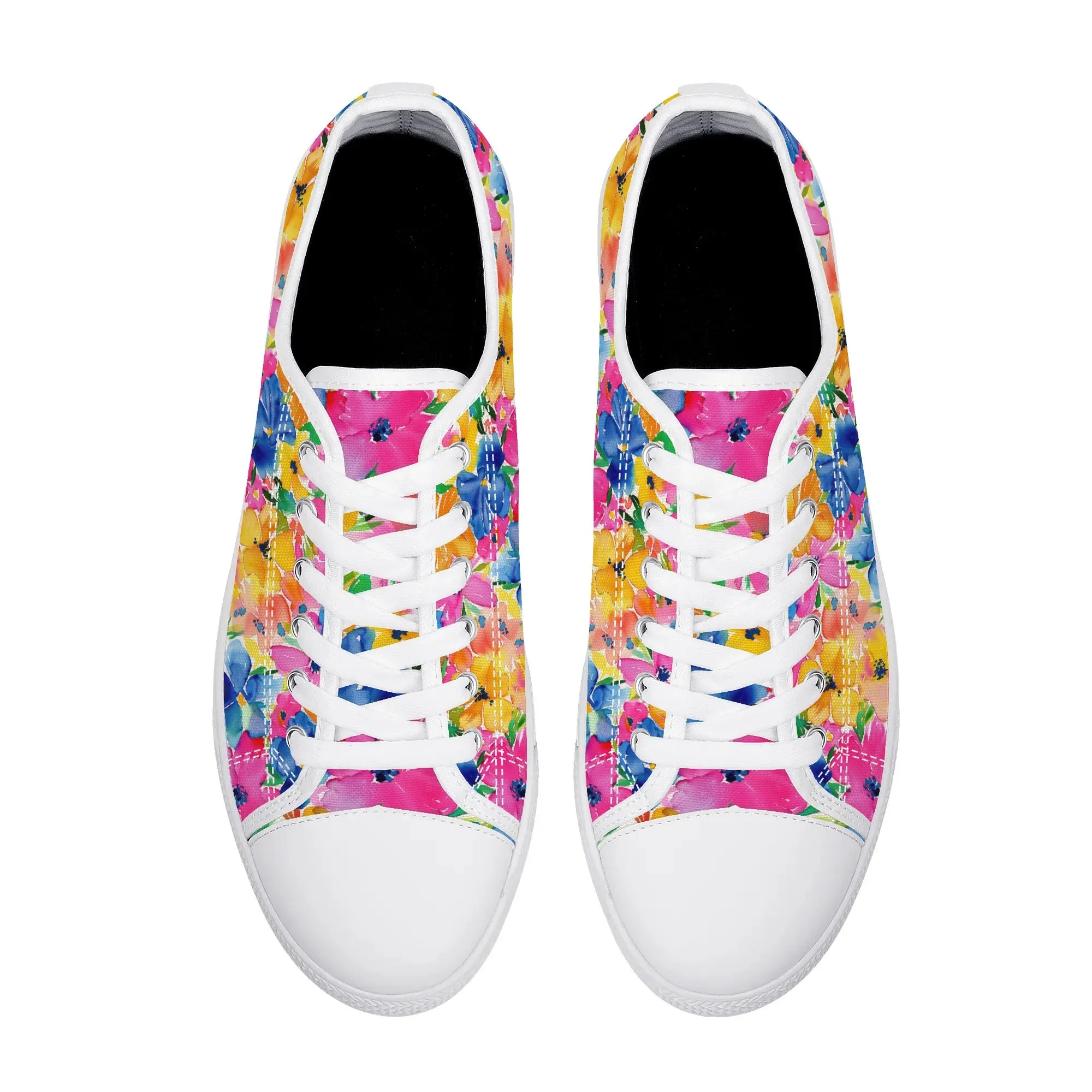 Springtime Kaleidoscope: Multi-color Watercolor Blossoms in Bloom Womens Low Top Canvas Sneakers US5.5 - US12